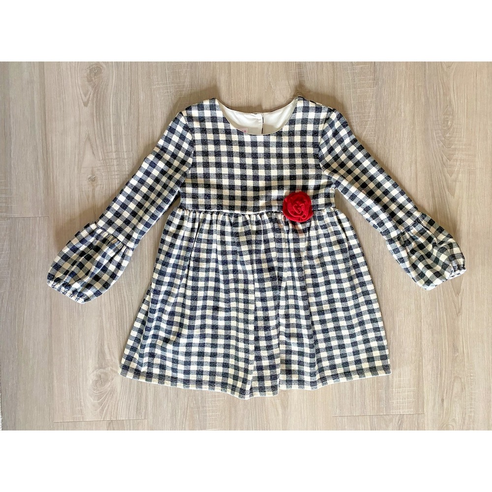 BONNIE JEAN Girls Black & White Plaid Top w/Rose for Fall & Christmas.  Size 6x